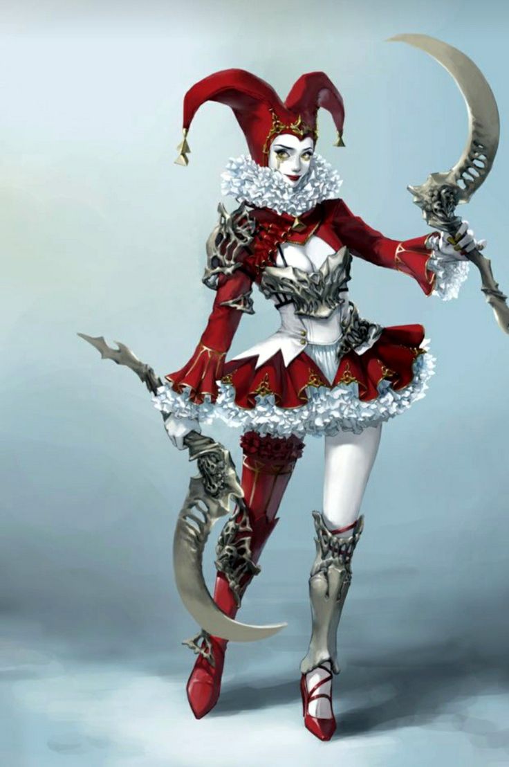 a woman dressed in red and white holding two swords