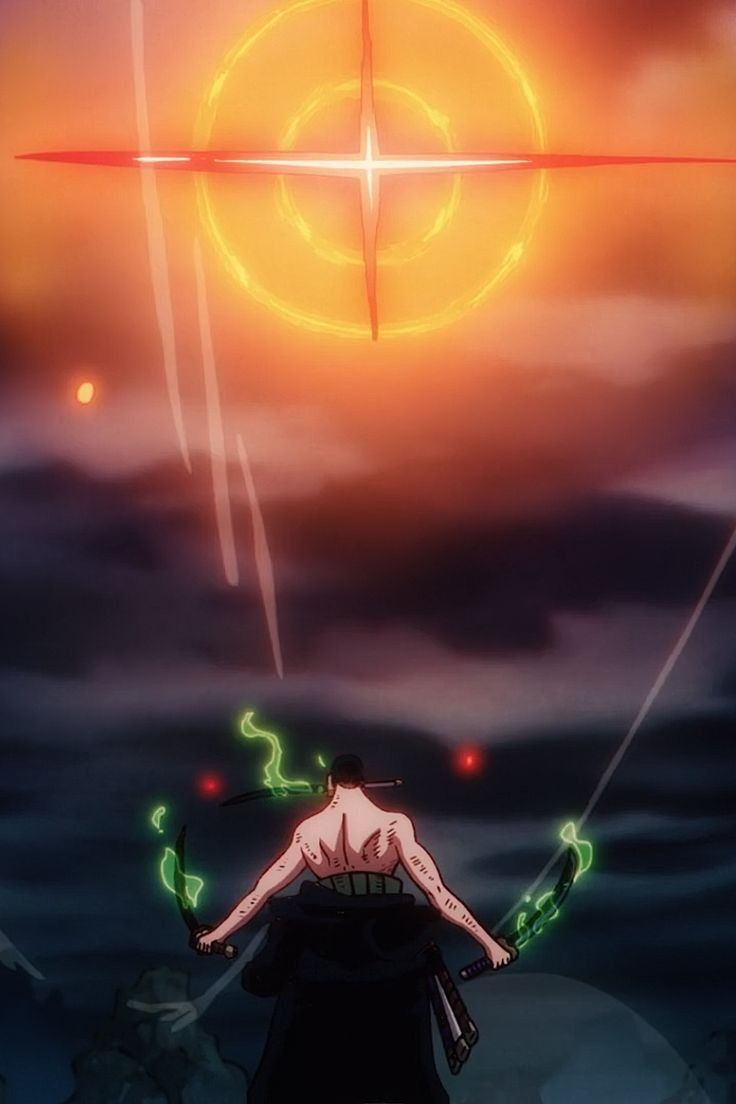 an anime character standing in front of the sun with his back turned to the camera