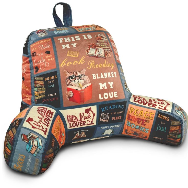 the back pack is made out of books and has many different designs on it, including letters