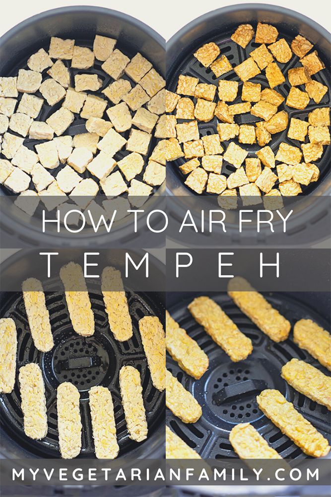 how to air fry tempeh in an air fryer with text overlay