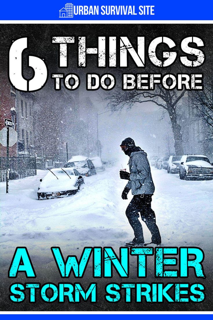 there is a man that is walking in the snow on his skateboard, and it says 6 things to do before a winter storm strikes