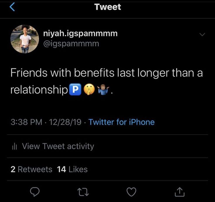 two tweets that are on the same page, one is saying friends with benefits last longer than a relationship