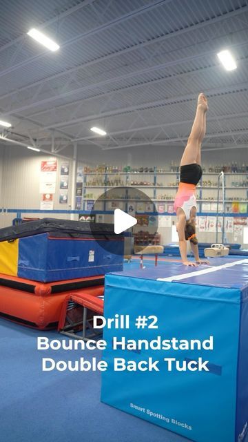 a person doing tricks on an inflatable trampoline at a gym with text reading drill 2 bounce handstand double back tuck