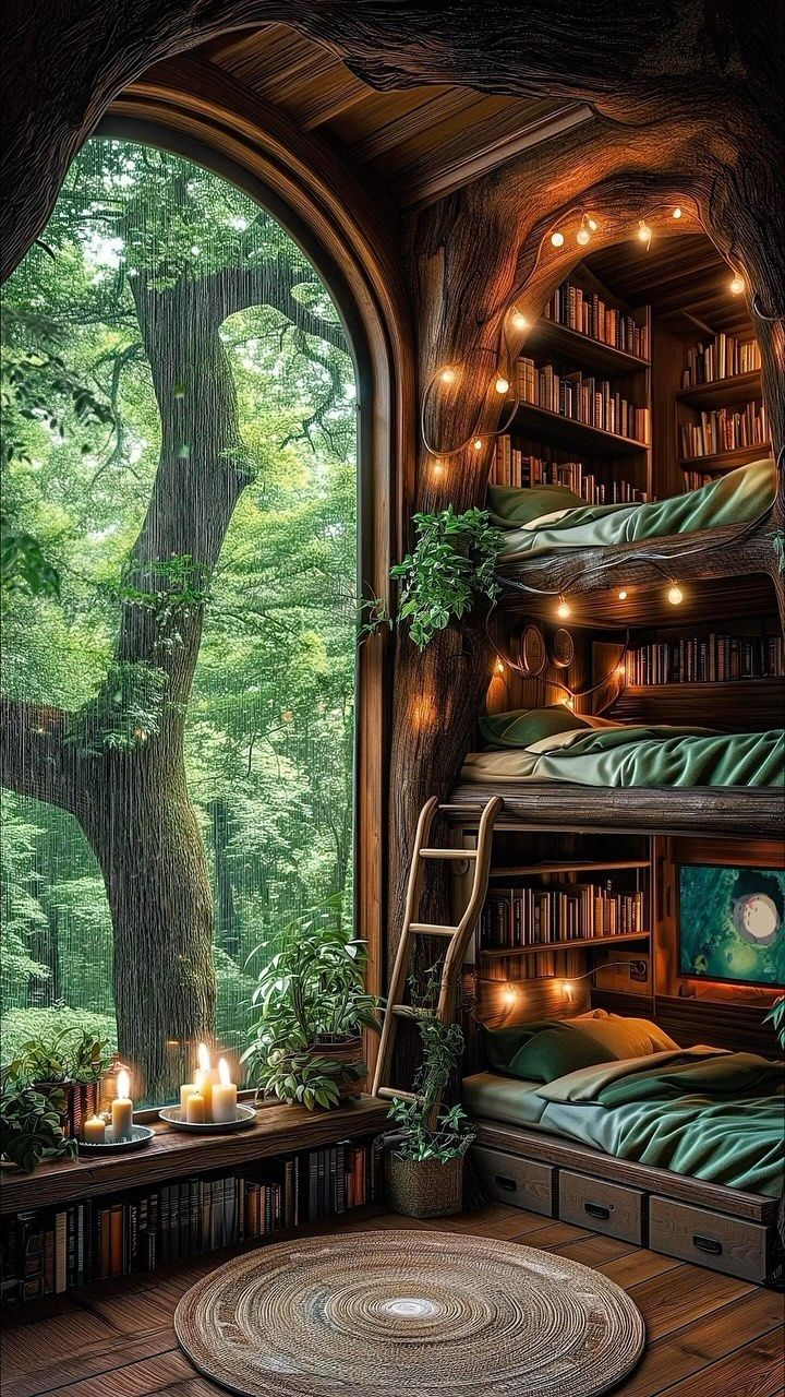 a room with two bunk beds and a tree in the window that has lights on it