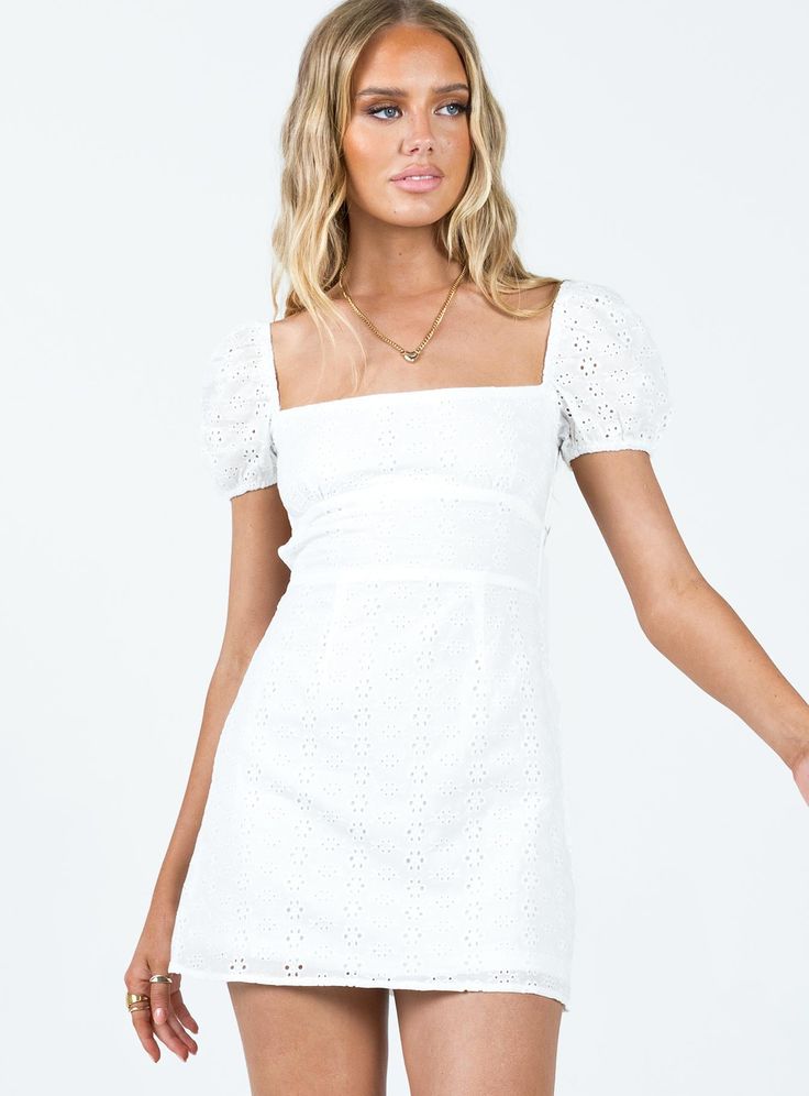 Mini dress Slim fitting Main: 100% cotton Lining: 100% polyester Length of size US 4 / AU 8 shoulder to hem: 74cm / 29.1in Elly is wearing a size US 2 / AU 6 Anglaise material Puff sleeves Square neckline Lace-up & invisible zip fastening at back Non-stretch Lined body White Square Neck Mini Dress, White Teen Dress, White Puff Sleeve Mini Dress, Satin Mini Dress With Sleeves, Cute White Graduation Dresses, Hoco Dresses Short Sleeve, Cute Confirmation Dresses, White Senior Dress, White Short Graduation Dress