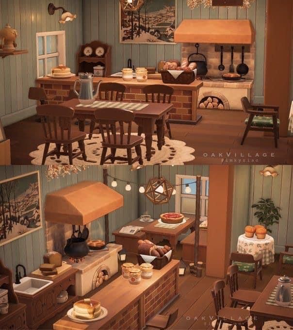 two pictures of an old fashioned kitchen and dining room