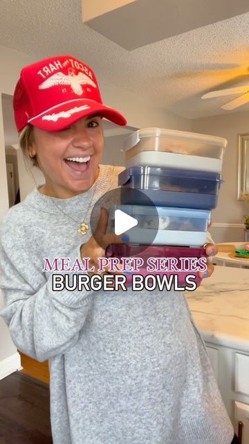 a woman in a red hat is holding up some bowls and containers with the words meal prep services burger bowls