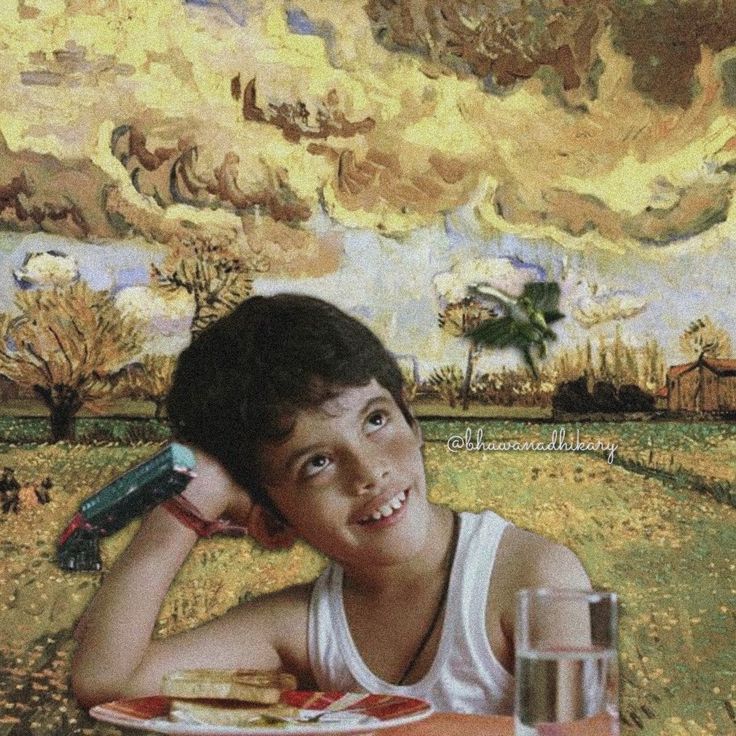 a painting of a boy sitting at a table with food and drinks in front of him