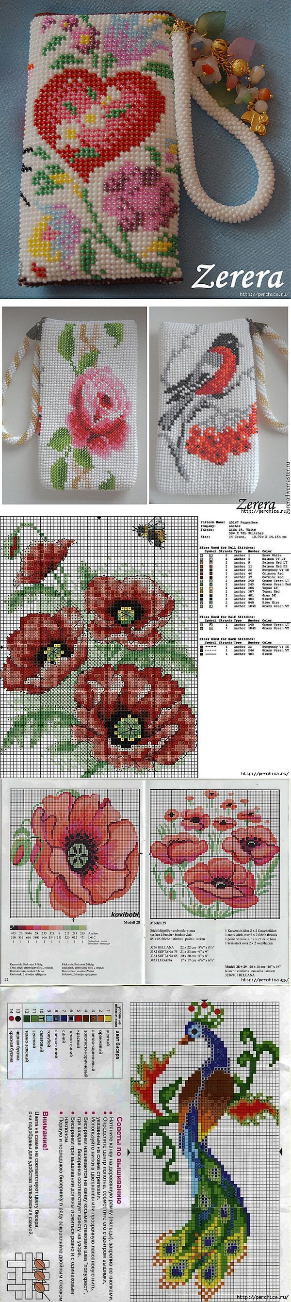 cross stitch patterns with flowers and birds on them are shown in different stages of development