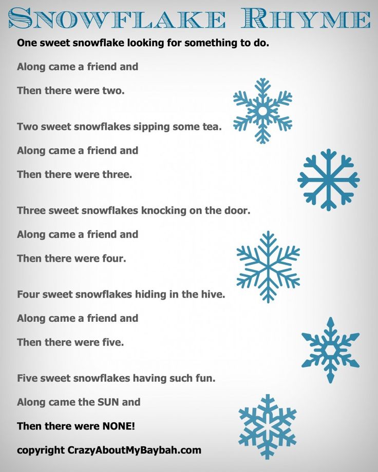 the poem snowflake rhyme is written in blue and white on a gray background