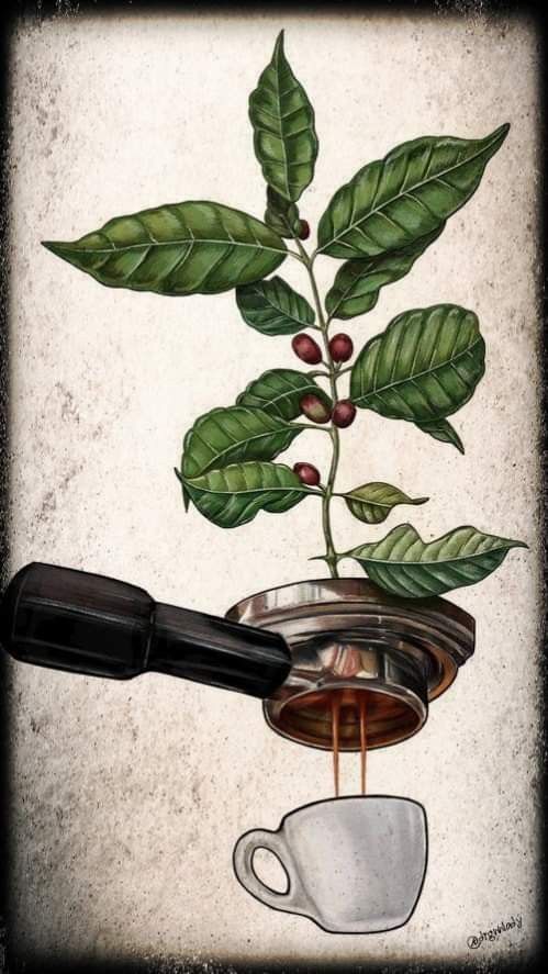 a painting of coffee being poured into a cup with leaves on the top and below it