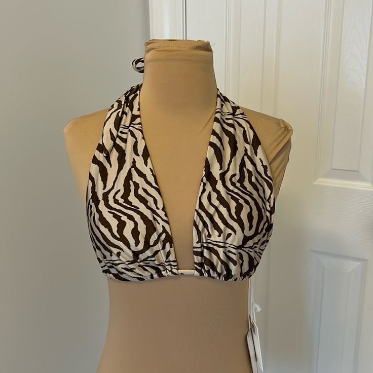 Brown And Tan Zebra Print. Not Padded. Ties Behind Neck And Back. Nwt Brown Fitted Triangle Halter Top, Beige Fitted Triangle Top, Fitted Brown Triangle Halter Top, Fitted Zebra Print Swimwear For Vacation, Striped Fitted Halter Top For Vacation, Brown Fitted Halter Top For Vacation, Beige Fitted Top For Beachwear, Fitted Beige Beachwear Top, Fitted Beige Top For Beachwear