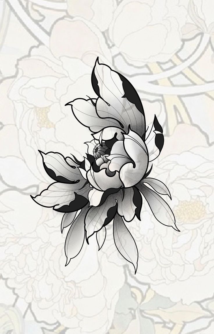 a drawing of a flower on a white background with black and grey flowers in the middle