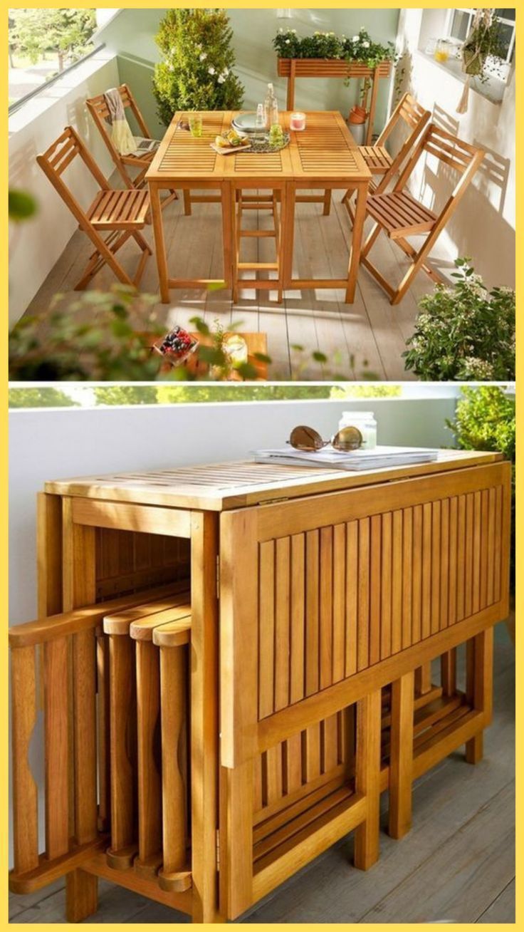 an outdoor dining table and chairs are shown in two different pictures, one is made out of wood