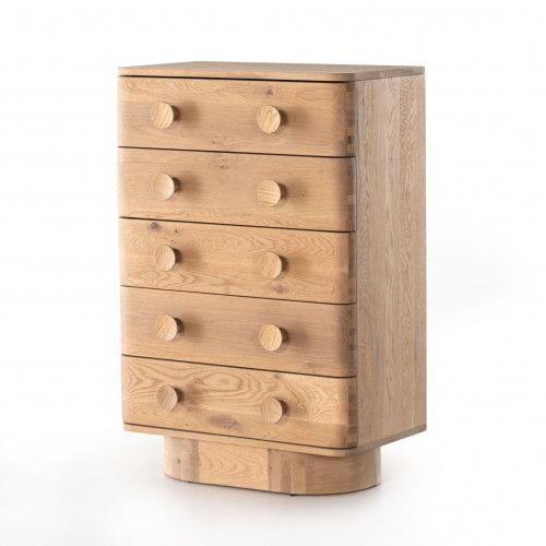 a wooden dresser with five drawers and four knobs on each drawer, against a white background