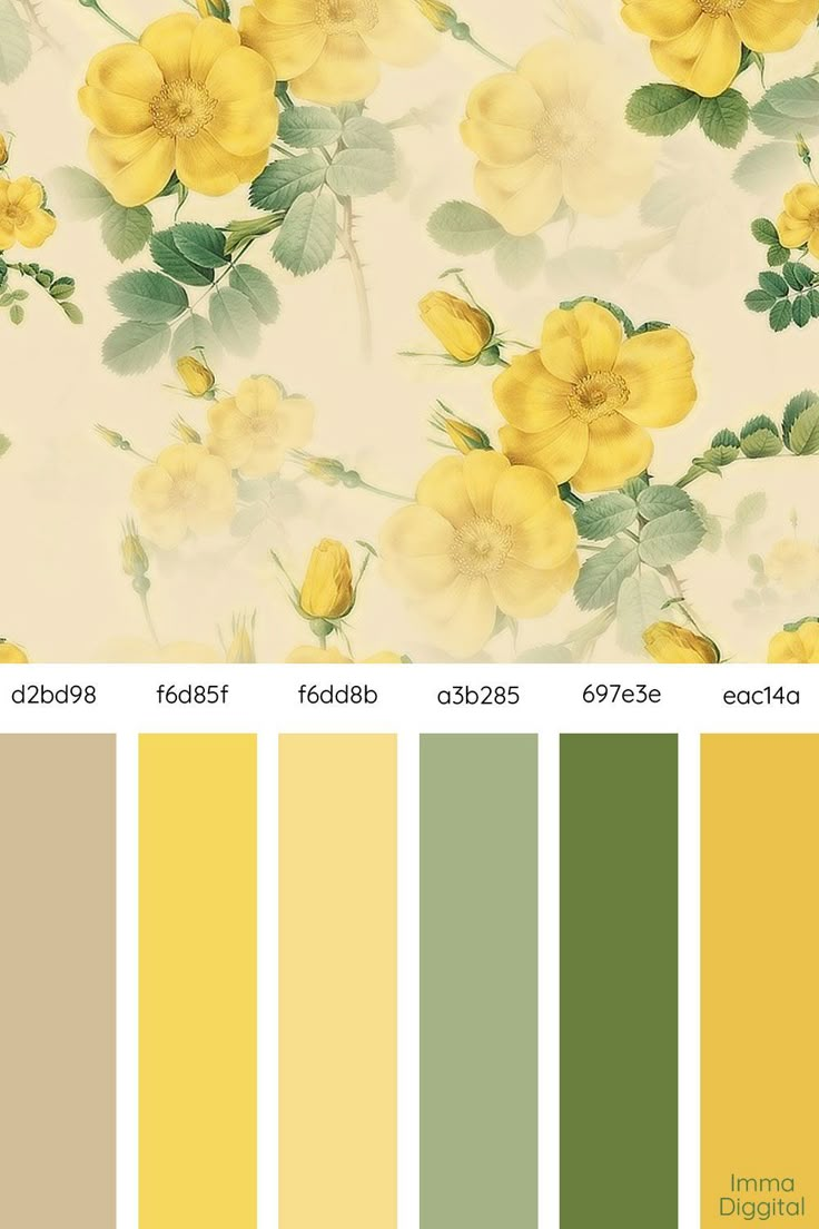 the color scheme is yellow and green, with flowers on it's side - by - side