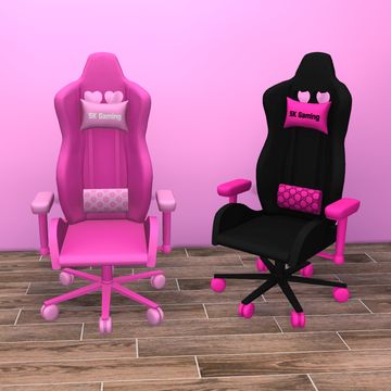 two pink and black office chairs sitting next to each other in front of a pink wall