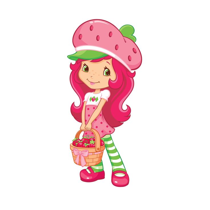 a girl with pink hair holding a basket of strawberries in her hand and wearing a strawberry hat