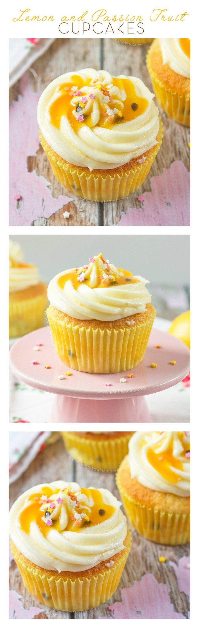 cupcakes with white frosting and orange icing are on a pink plate