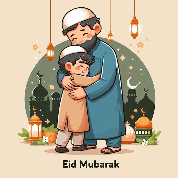 an image of a man hugging a child with the caption eid mubarak