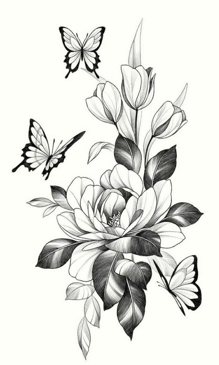 some flowers and two butterflies on a white background