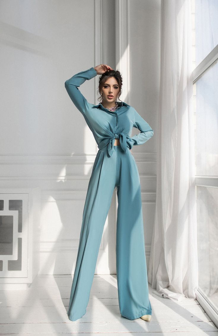 Fabric: Viscose twill Composition: Viscose 65%, Twill 35% Included Shirt, Pants Color: Blue, Milky White, Beige Pants length : 109cm/ 43in Pants length (inseam): 95cm/ 37.5in Ladies Trouser Suits, White Pantsuit, Pantsuits For Women, Blue Trousers, High Waist Pants, Milky White, Tiffany Blue, White Beige, Waist Pants