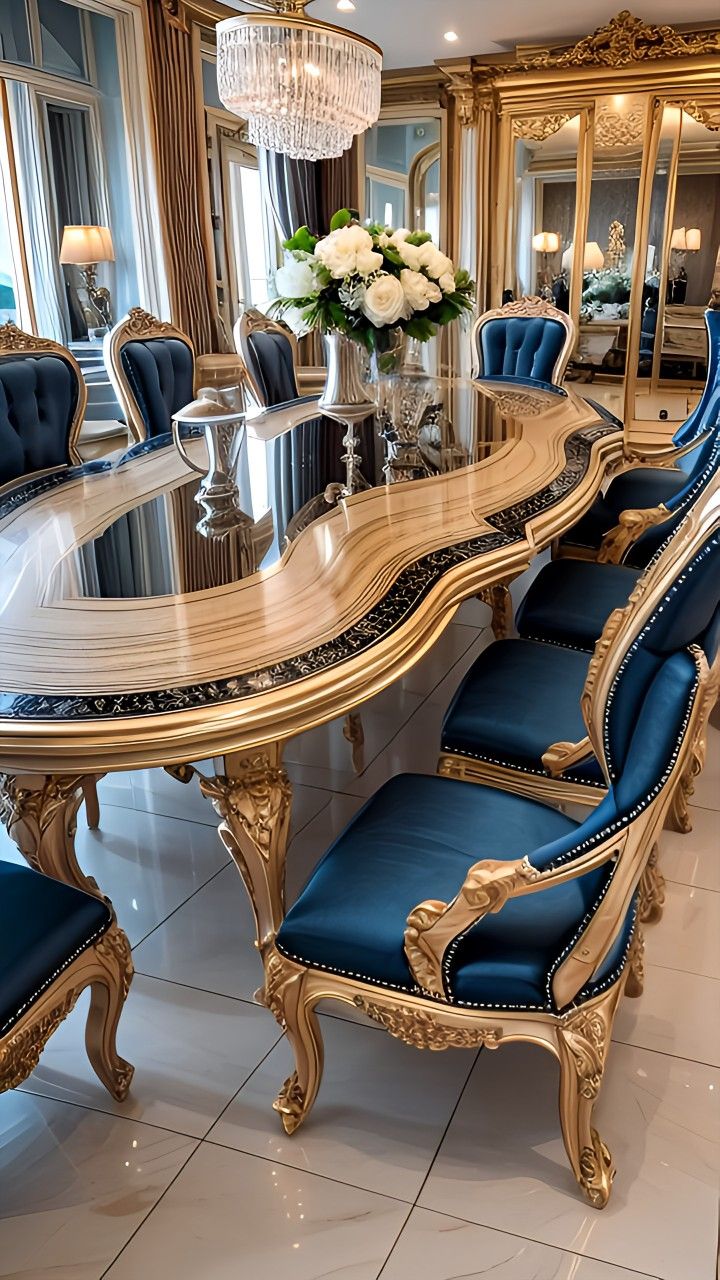 a dining room table with blue chairs and a chandelier