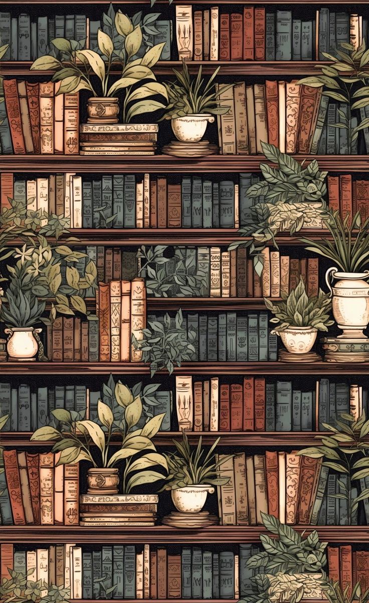 a book shelf filled with lots of books and potted plants on top of it