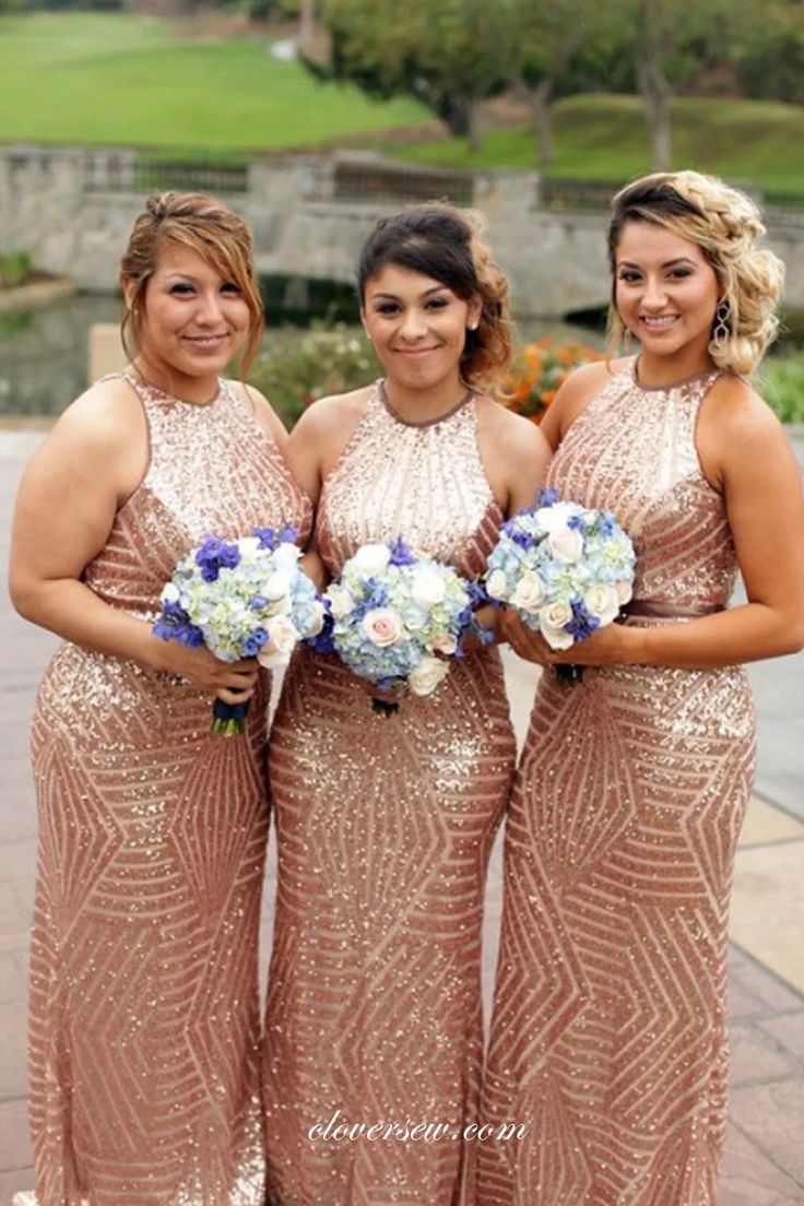 three bridesmaids in sequin dresses posing for the camera