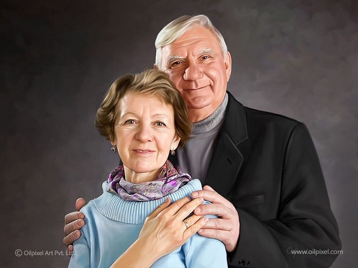 an older man and woman are posing for a portrait in front of a dark background