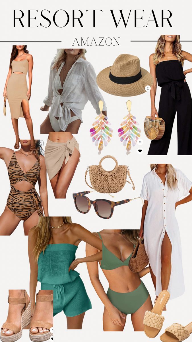 a collage of photos with the words resort wear on it and images of women in swimsuits