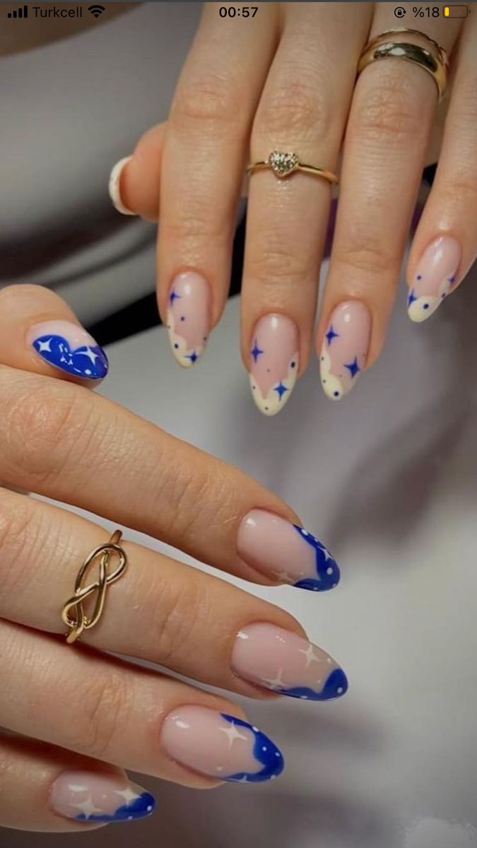 Almond Nail Gel Designs, Blue Acrylic Nails Ideas Almond, Colorful Almond Nails Designs, Trending Summer Nails 2023 Almond, Almond Celestial Nails, Short Almond Nails Celestial, Aesthetic Nails Acrylic Almond, Nail Inspo 2023 Almond, Almond Nails Inspo Aesthetic