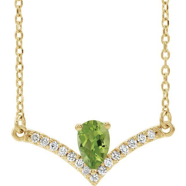 14KT Gold .48 CT Pear Shape Peridot and .08 CTW Round Brilliant Diamond Accent "V" Bar Necklace. 16" Cable Link Chain With Spring Ring Clasp. Available in White, Yellow Or Rose Gold. Brilliant Diamond, Bar Necklace, 14kt Gold, Pear Shape, Link Chain, Round Brilliant, Or Rose, Pear, Cable