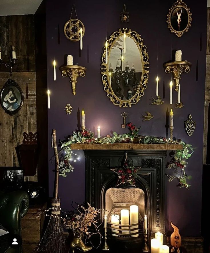 a living room filled with furniture and a fire place covered in candles next to a mirror