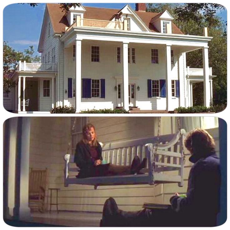 two pictures of people sitting on benches in front of a house