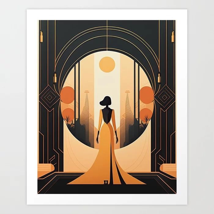 an art deco poster with a woman in a yellow dress looking out into the distance