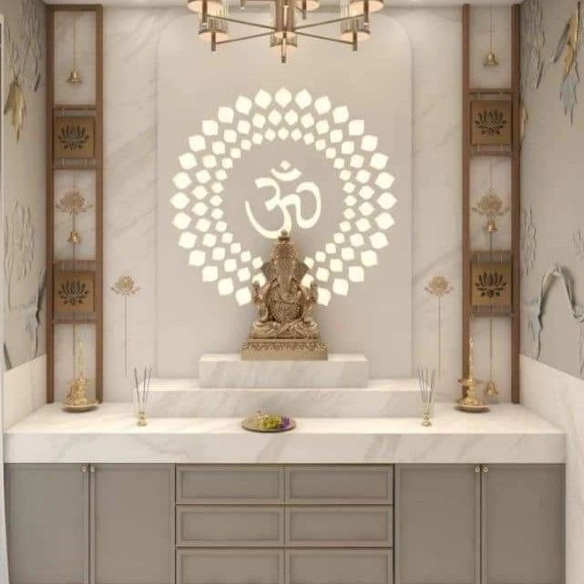 the interior of a room with a buddha statue on top of a white countertop