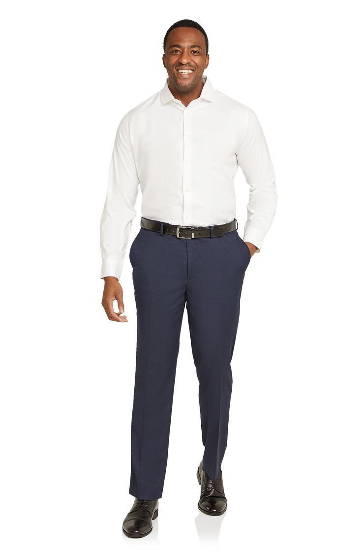 A crisp flat-front cut defines office-ready pants crafted with plenty of comfortable stretch and clean, classic appeal. Zip fly with hook-and-bar closure Front slant pockets; back welt pockets 68% polyester, 29% viscose, 3% elastane Dry clean Imported Slim Fit Straight Dress Pants For Office, Classic Work Pants With Straight Hem For Office, Business Dress Pants With Belt Loops And Flat Front, Classic Office Work Pants With Straight Hem, Classic Straight Hem Work Pants For Office, Business Dress Pants With Belt Loops Flat Front, Semi-formal Flat Front Work Pants With Welt Pockets, Business Work Pants With Belt Loops And Flat Front, Semi-formal Work Pants With Welt Pockets And Flat Front