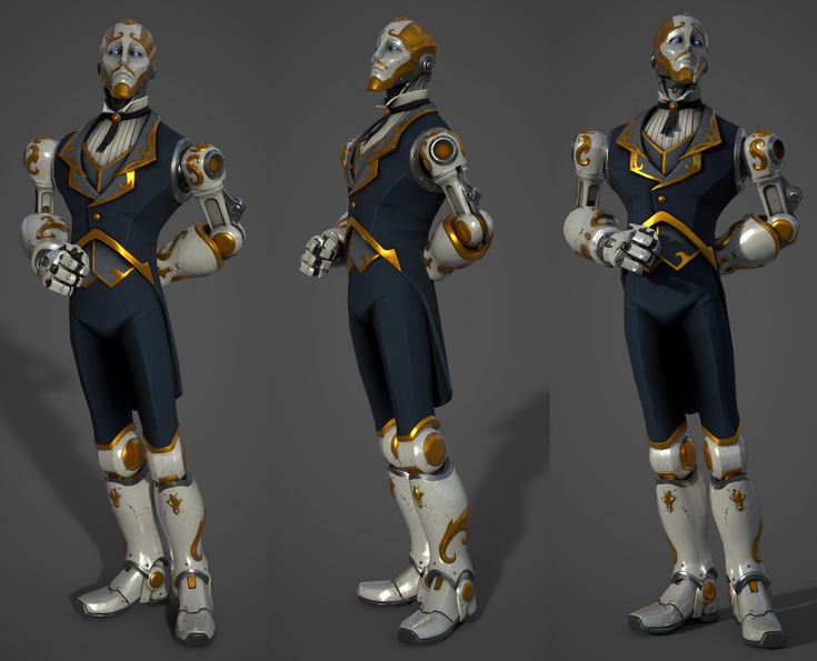 three different views of a robot with gold accents and silver armor, standing in various poses