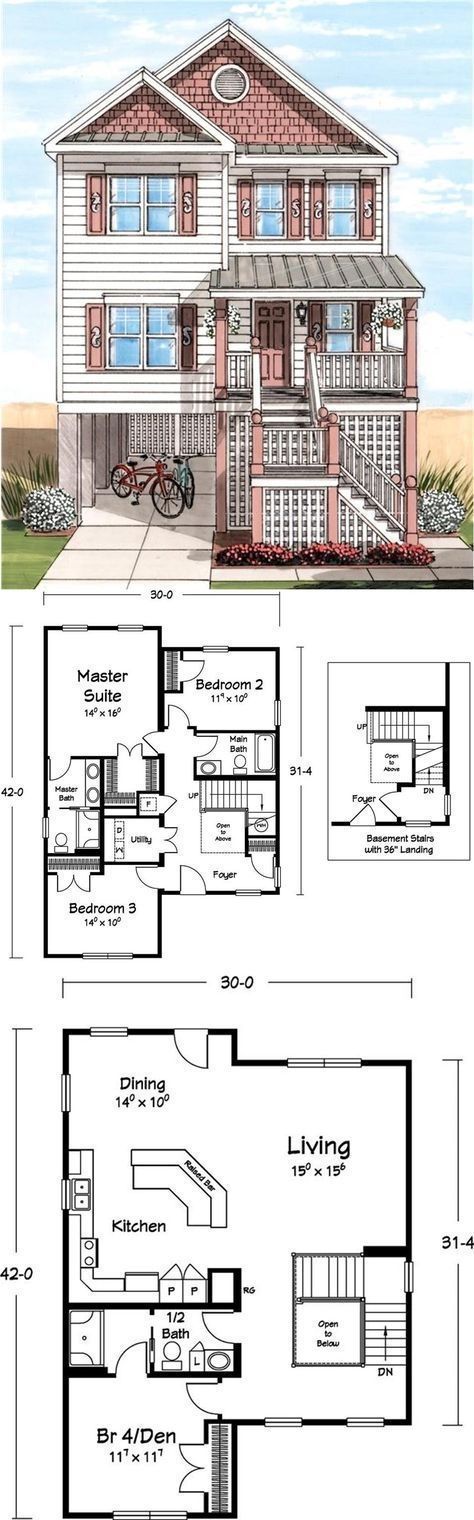 two story house plans with garage and living room on the first floor, one bedroom is above