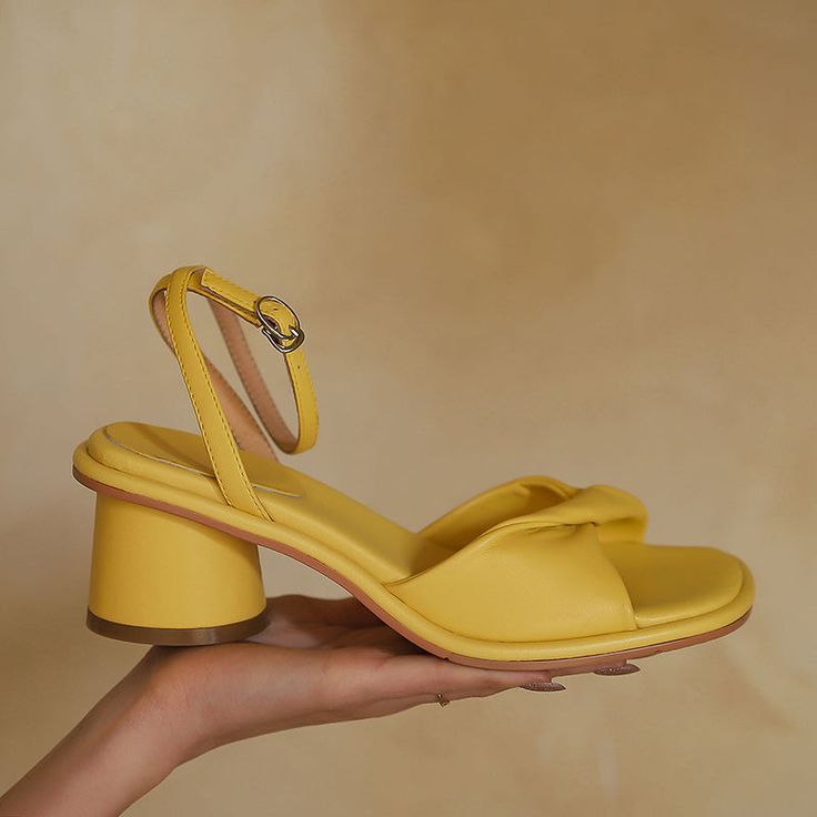 Beautiful sandals that are comfortable and fashionable. Upper: Sheepskin Lining: Genuine Leather Outsole: TPR Toe Shape: Open Toe Heel: 5cm Closure: Buckle Strap is_handmade: Yes Yellow Block Heel Sandals With Padded Heel, Yellow Sandals With Padded Block Heel, Chic Yellow Leather Wedge Sandals, Yellow Sandals With Heel Strap And Low Heel, Yellow Open Toe Sandals With Heel Strap, Yellow Sandals With Low Heel And Heel Strap, Yellow Leather Sandals With Padded Heel, Yellow Medium Width Sandals For Summer, Yellow Slingback Sandals With Heel Strap And Round Toe