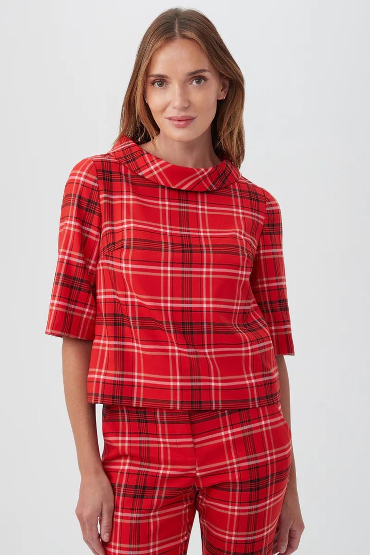 KAILEE TOP – Trina Turk Plaid Top, Matching Pants, Plaid Shorts, Collar Top, Plaid Tops, Red Top, Trina Turk, Red Plaid, Top Trends