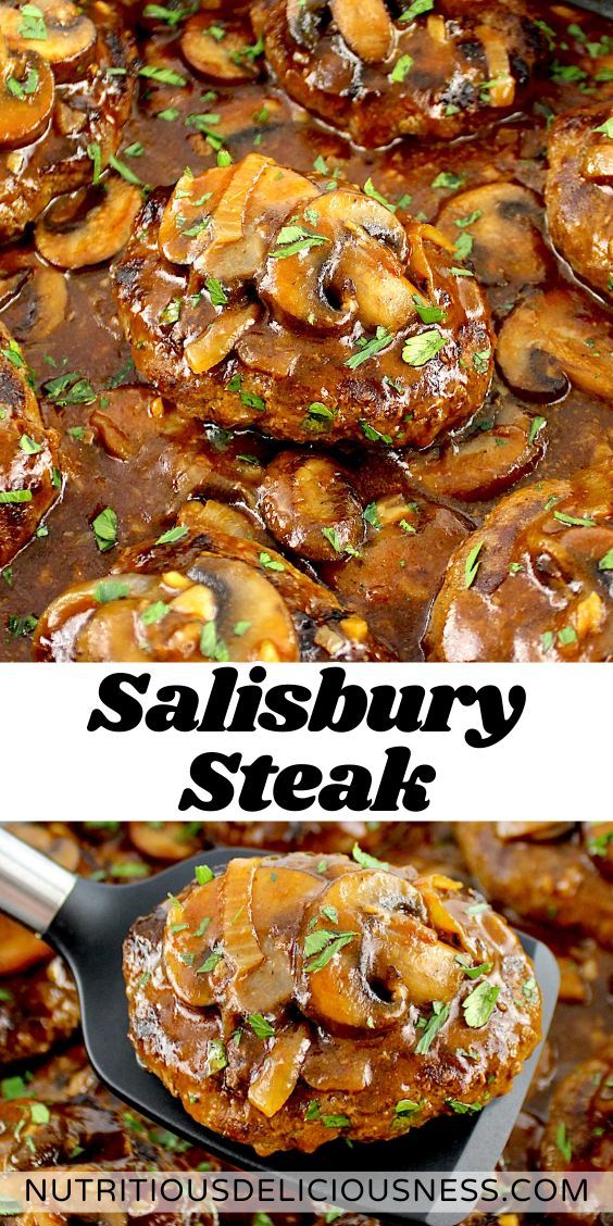 this sautey steak is loaded with mushrooms and gravy it's ready to be eaten