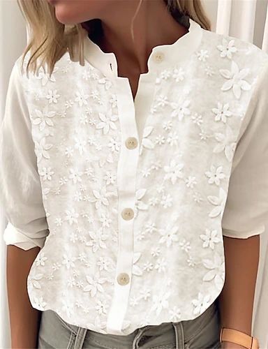 bluză cămașă de damă brodat alb mânecă 3/4 lungime cu nasturi elegant casual top elegant vară primăvară 2024 - RON 181.99 Elegant Lace Tops, Formal Blouses, Top In Pizzo, Womens Basic Tops, Elegante Y Chic, Glam Living, Womens Lace Tops, Academia Style, White Shirt Blouse