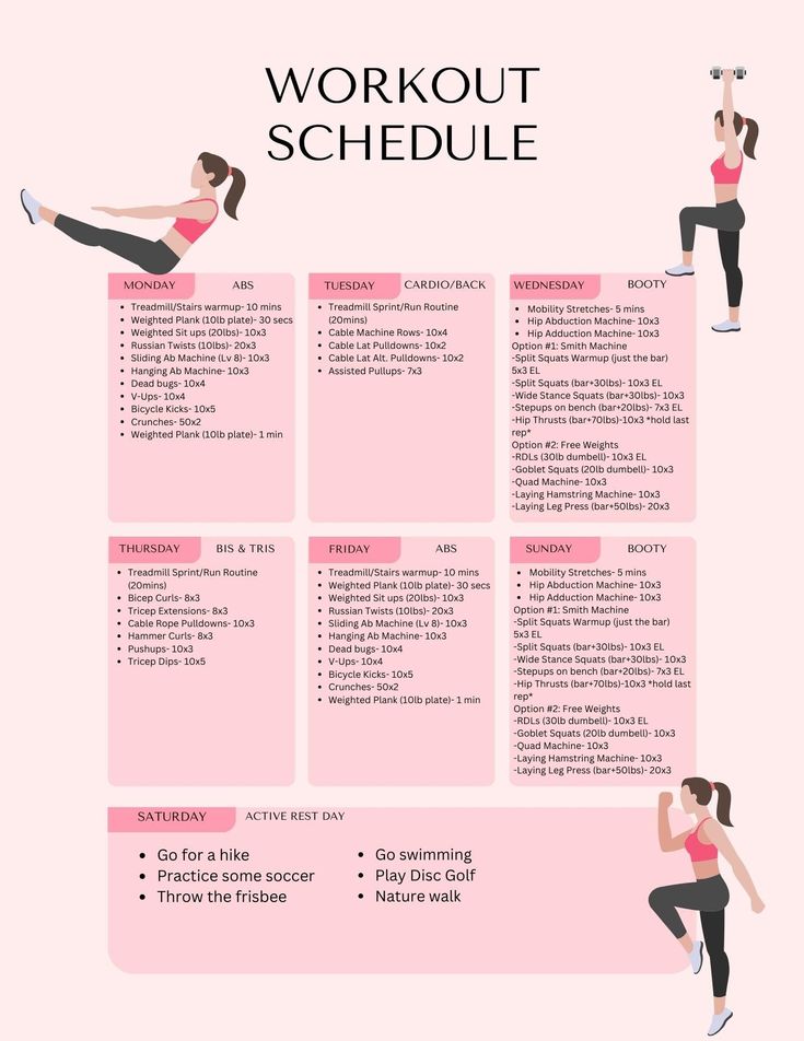 the workout schedule is shown in pink and black, with an image of a woman doing exercises