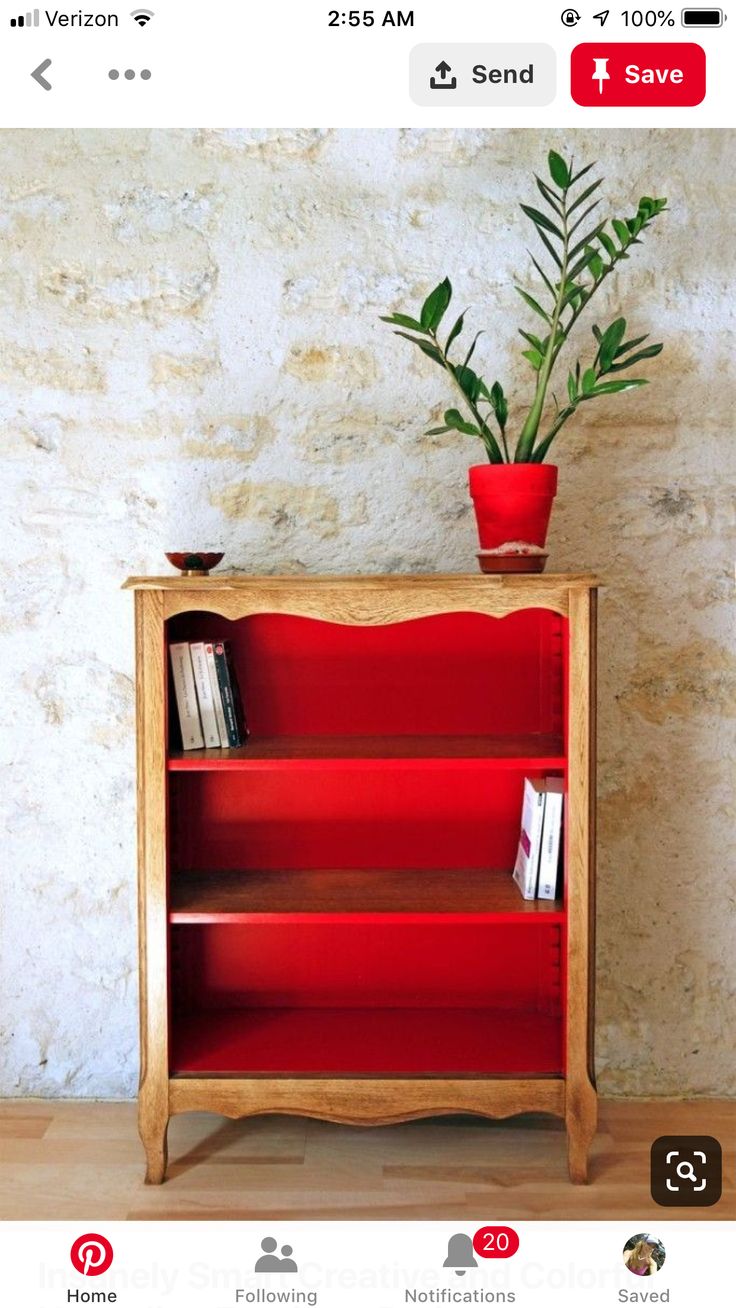 a red book shelf with a potted plant on top