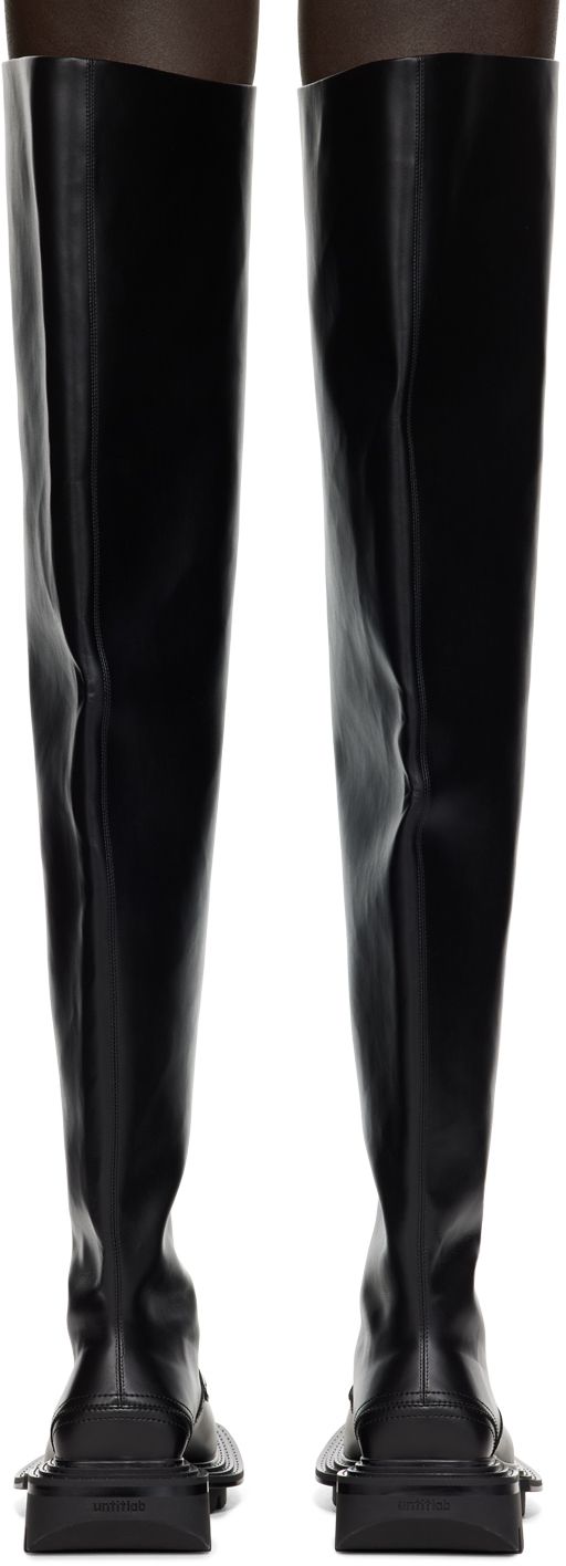 Thigh-high buffed faux-leather boots in black. · Square toe · Strap with cutout at vamp · Ultrasuede® and faux-leather lining · Treaded TPU block heel and sole · Heel: H1.75 Supplier color: Black Faux Leather Boots, Black Square, Thigh High, Thigh Highs, Black Boots, Leather Boots, Block Heels, Faux Leather, Women Wear