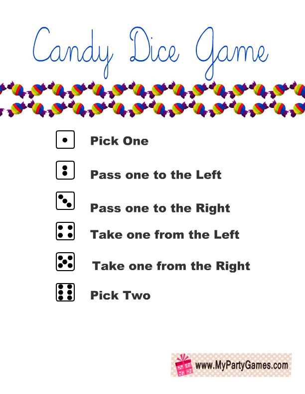 the candy dice game is shown with instructions for how to play it and where to get one