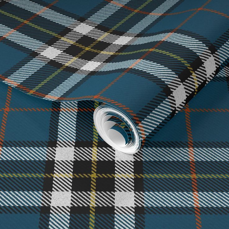 a blue tartan plaid wallpaper with a white circle on the top and bottom