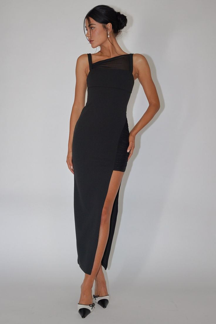 Shop the Zenya Split Ruched Midi Dress Black | Selfie Leslie Black Midi Dress Shoes, Midi Prom Dress With Ruched Back, Prom Dress With Ruched Back, Midi Length, Midi Length Prom Dress With Ruched Back, Backless Midi Dress With Ruched Back For Night Out, Sleek Spaghetti Strap Maxi Dress For Night Out, Formal Midi Dress With Side Slits And Spaghetti Straps, Sleek Ruched Maxi Dress For Party, Black Maxi Dress With Ruched Back For Night Out